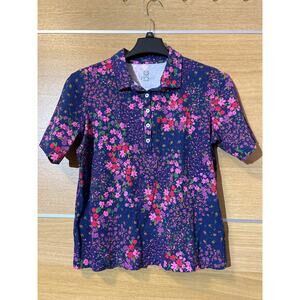 Isaac Mizrahi Live! Polo Shirt Sz M - Printed Pique Button Front Purple flowers